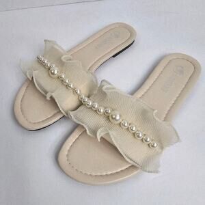 Pearl Ruffle Cream Dressy Fashion Slide Sandals Women's Size 7.5-8